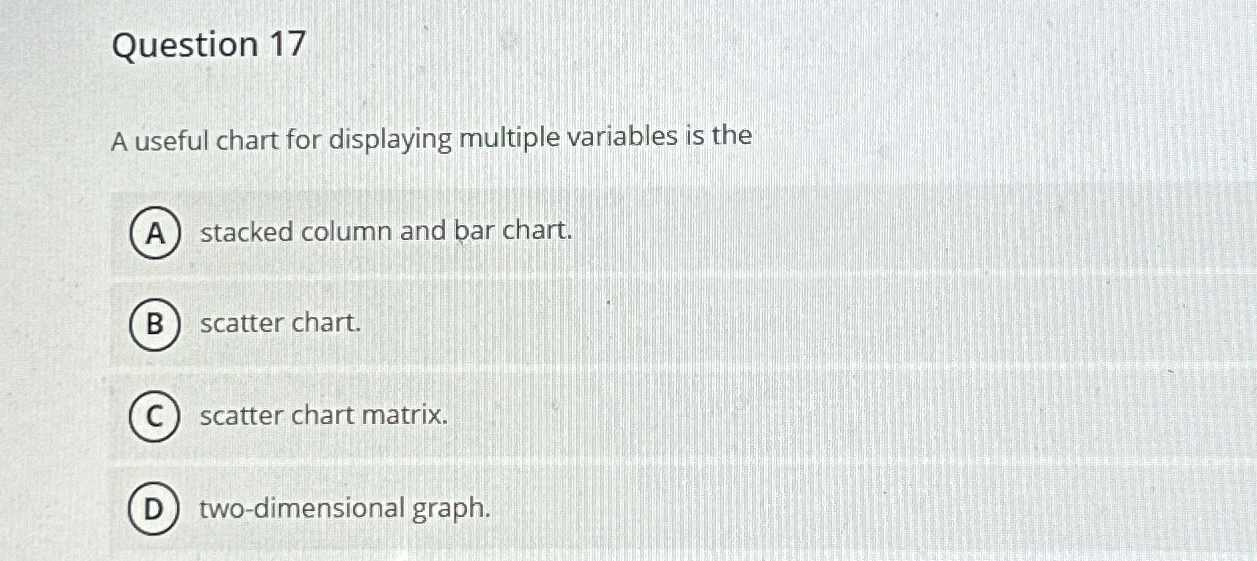  Question 17 A useful chart for displaying multiple variables is the