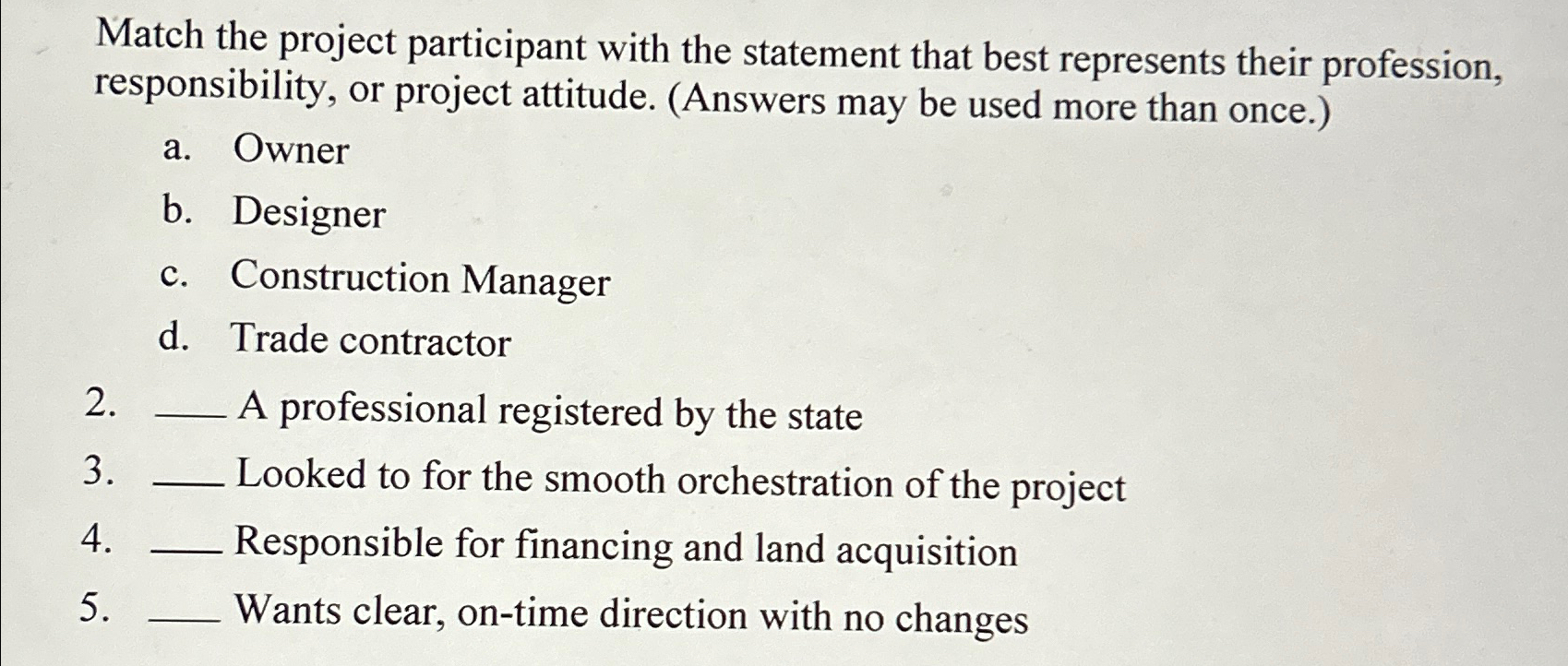  Match the project participant with the statement that best represents their