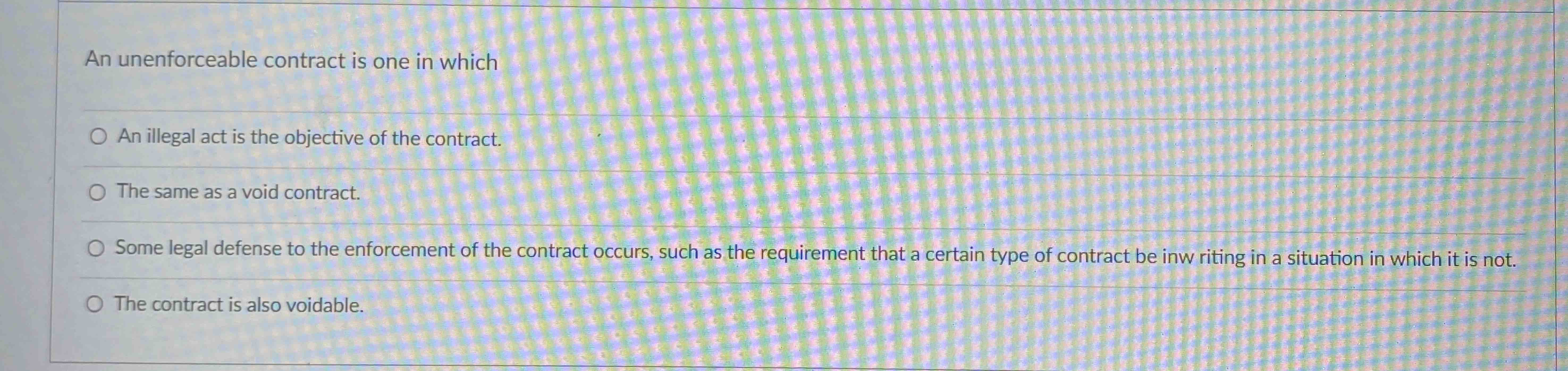  An unenforceable contract is one in which An illegal act is