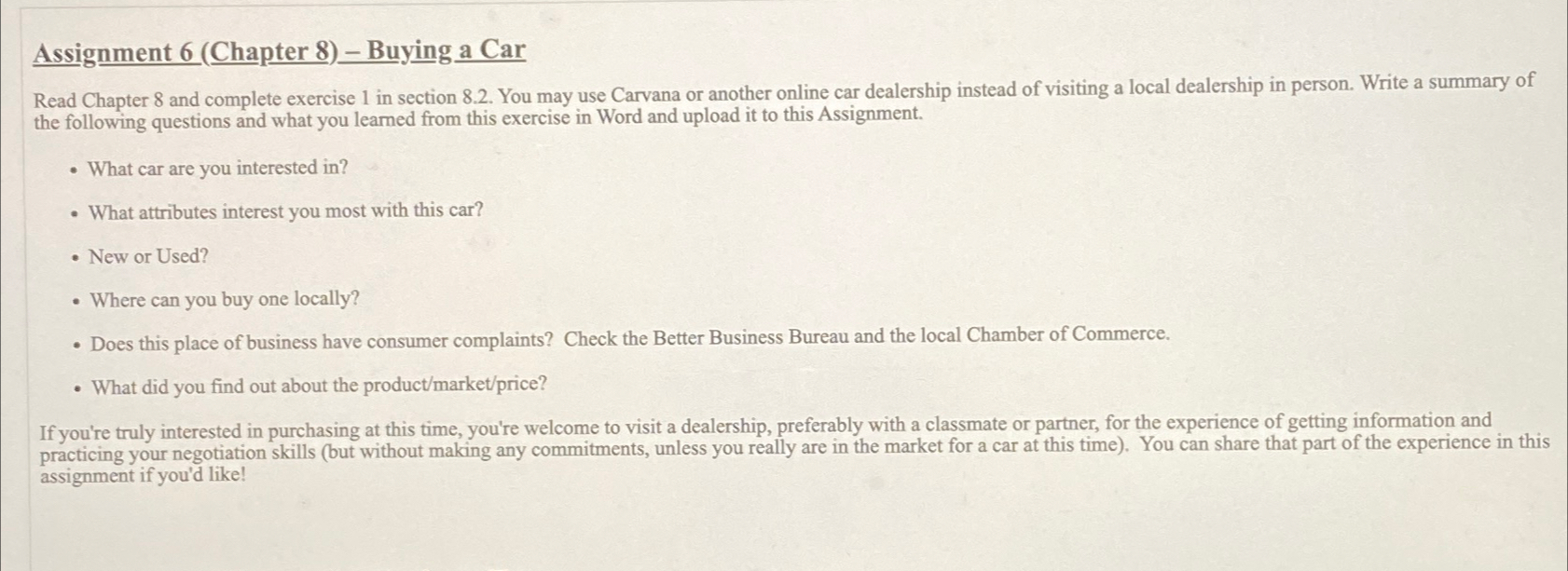  Assignment 6(Chapter 8)-Buying a Car Read Chapter 8 and complete exercise