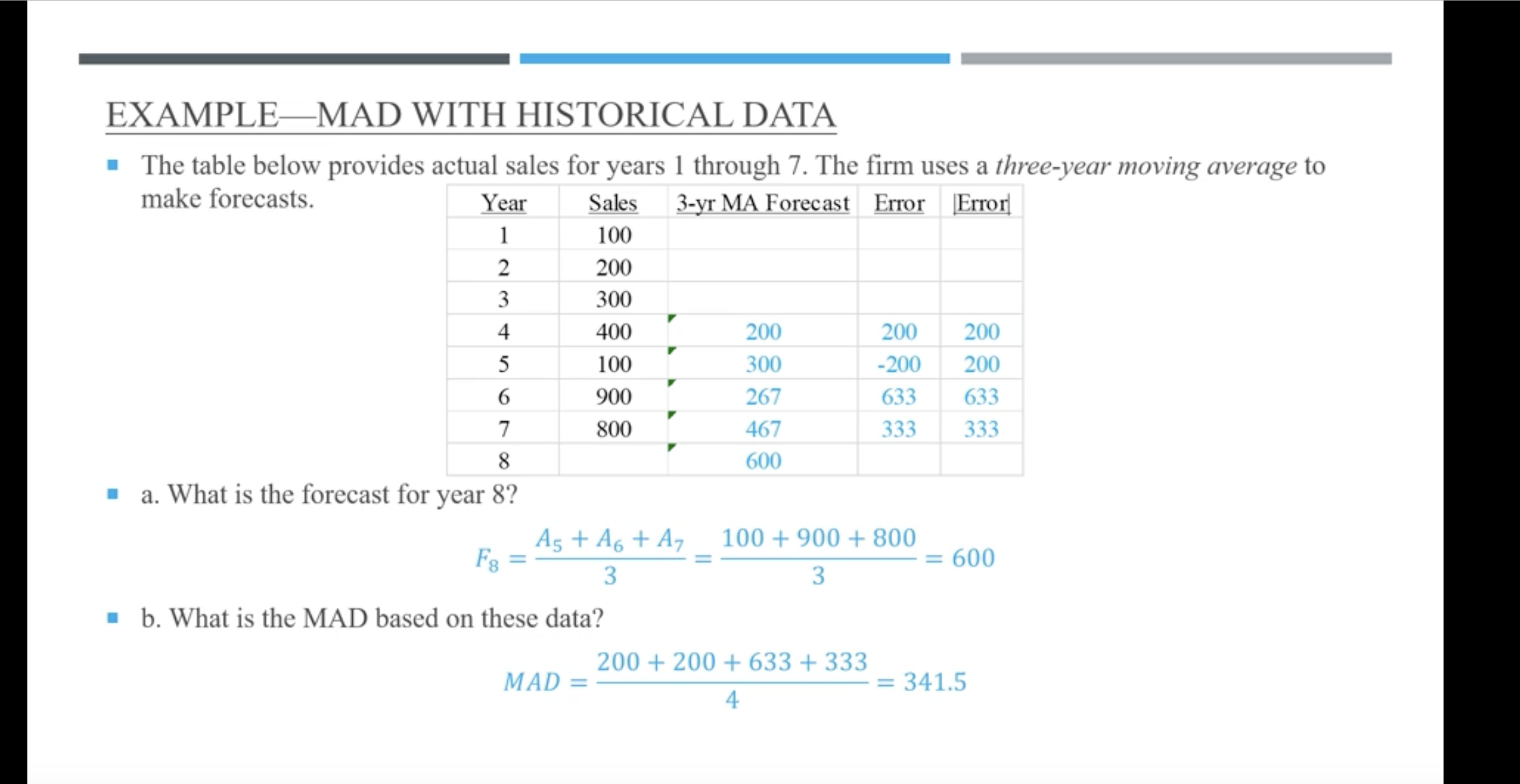  EXAMPLE-MAD WITH HISTORICAL DATA The table below provides actual sales for