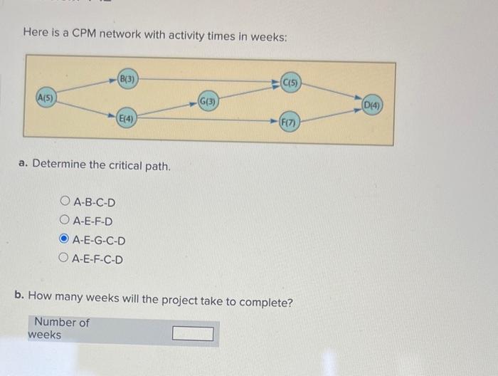  Here is a CPM network with activity times in weeks: a.