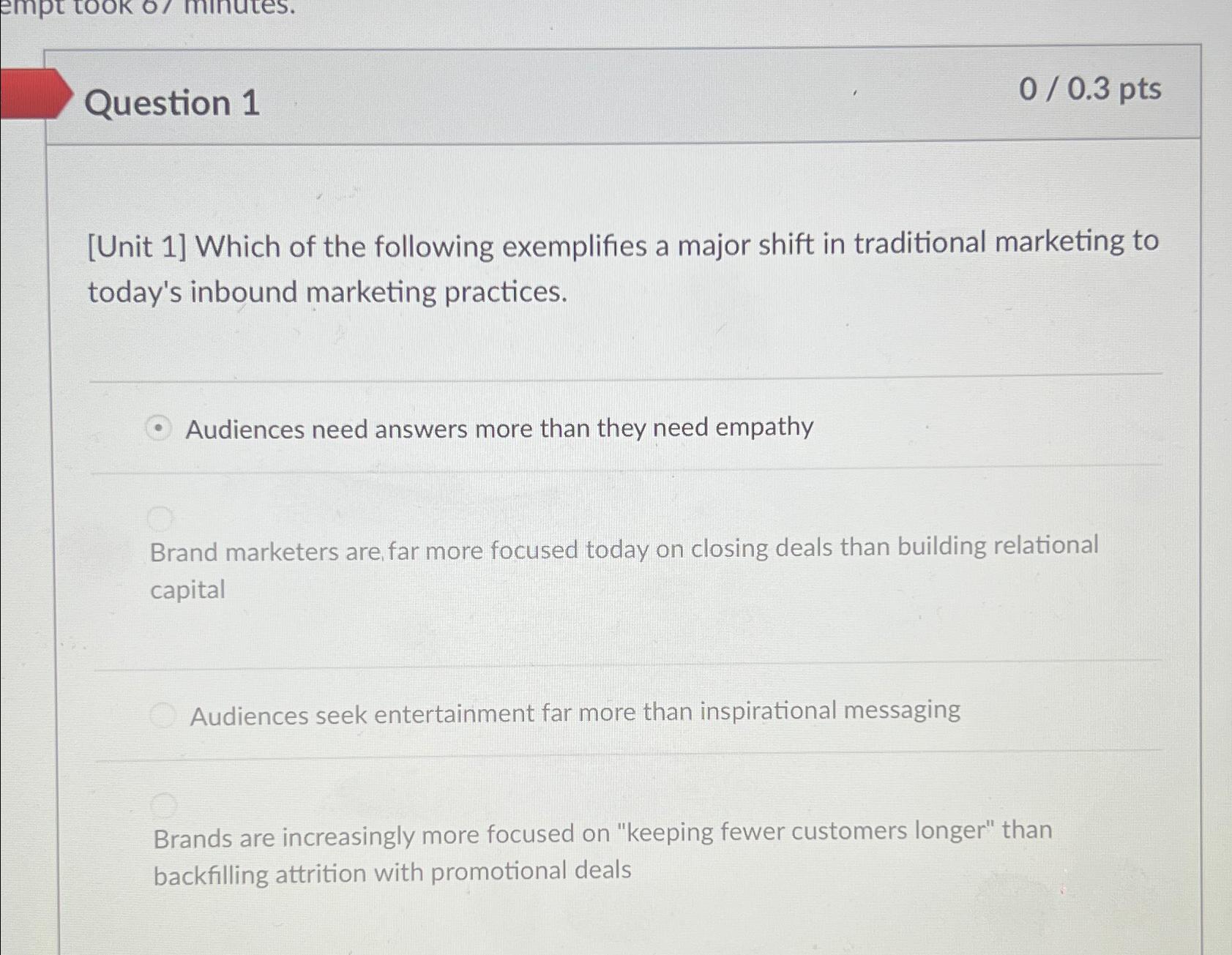  Question 1 00.3 pts [Unit 1] Which of the following exemplifies