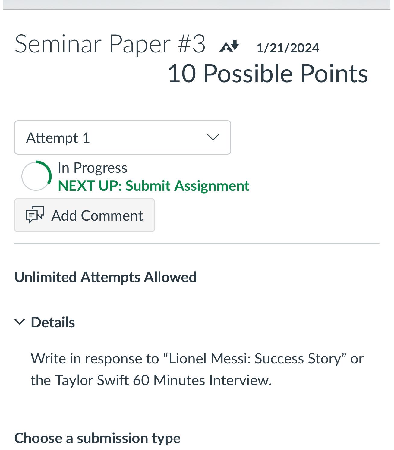  Seminar Paper #3 at 1/21/2024 10 Possible Points Attempt 1 In