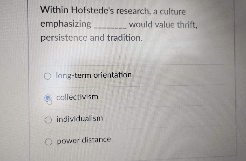  Within Hofstede's research, a culture emphasizing would value thrift, persistence and