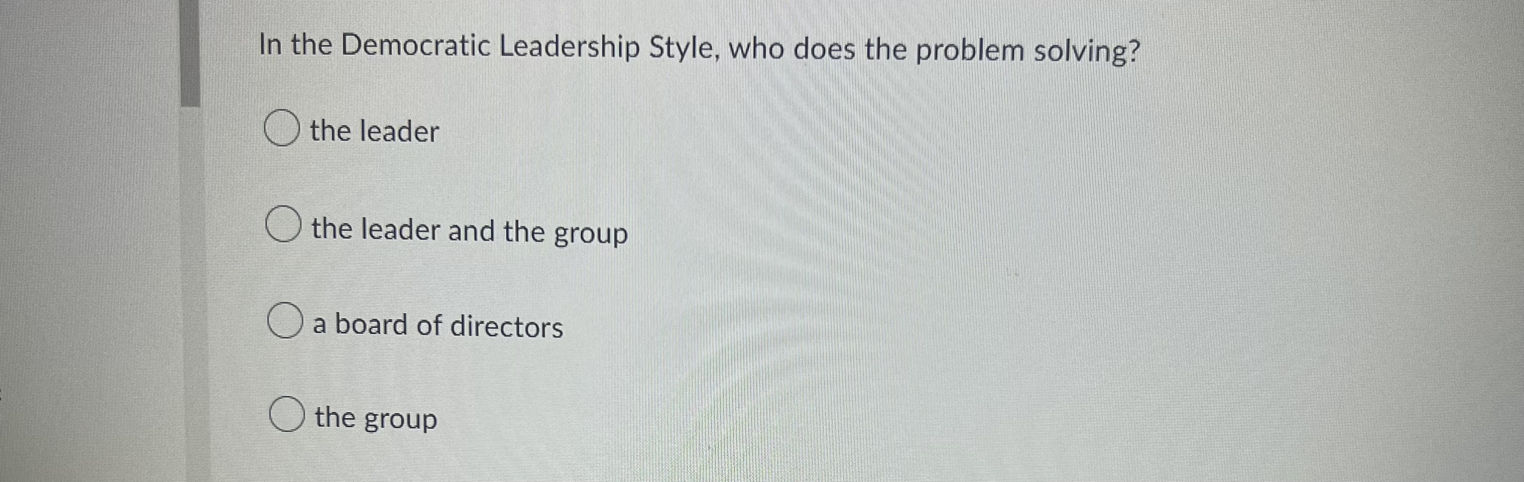  In the Democratic Leadership Style, who does the problem solving? the