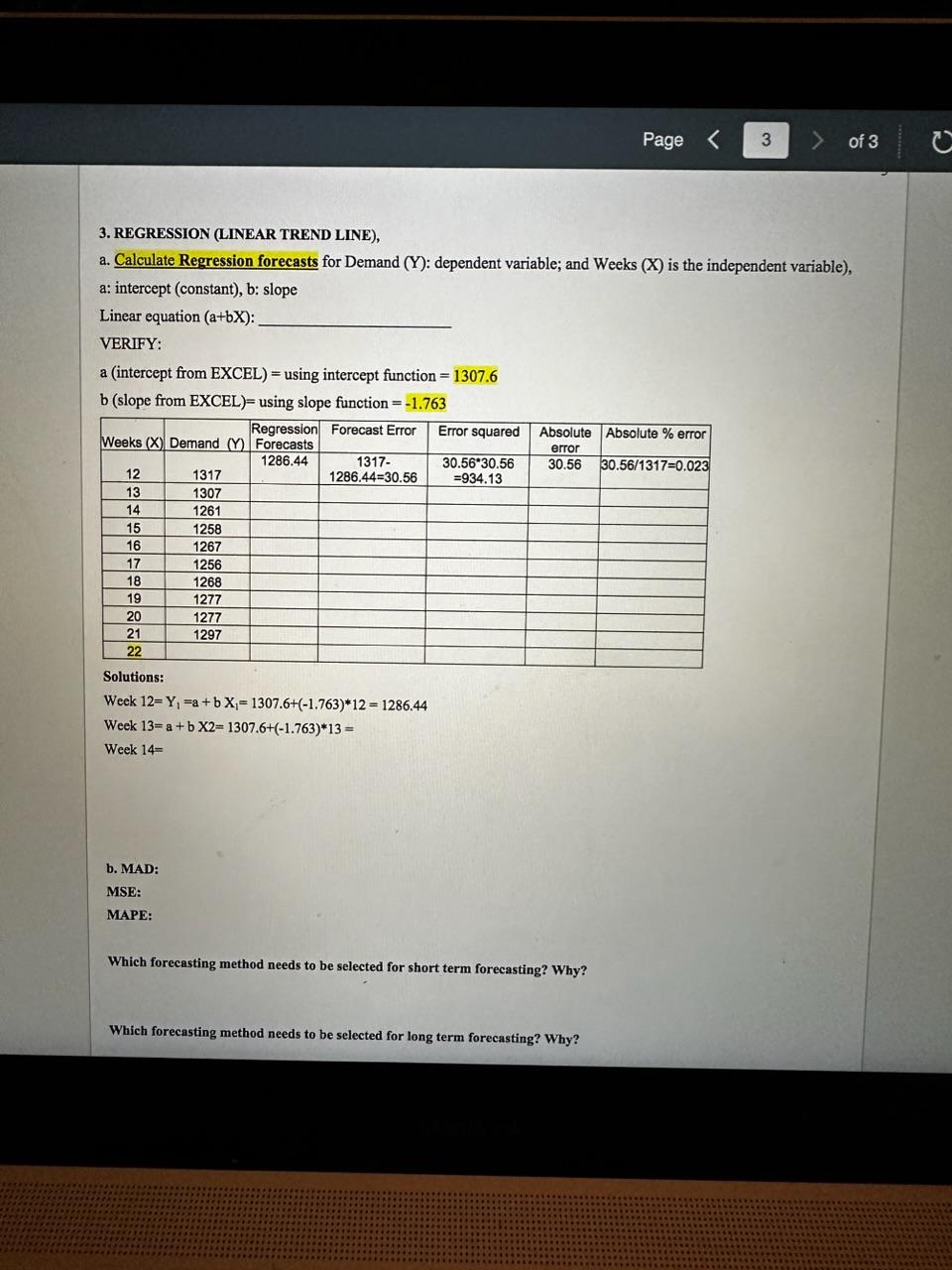 3. REGRESSION (LINEAR TREND LINE), a. Calculate Regression forecasts for Demand
