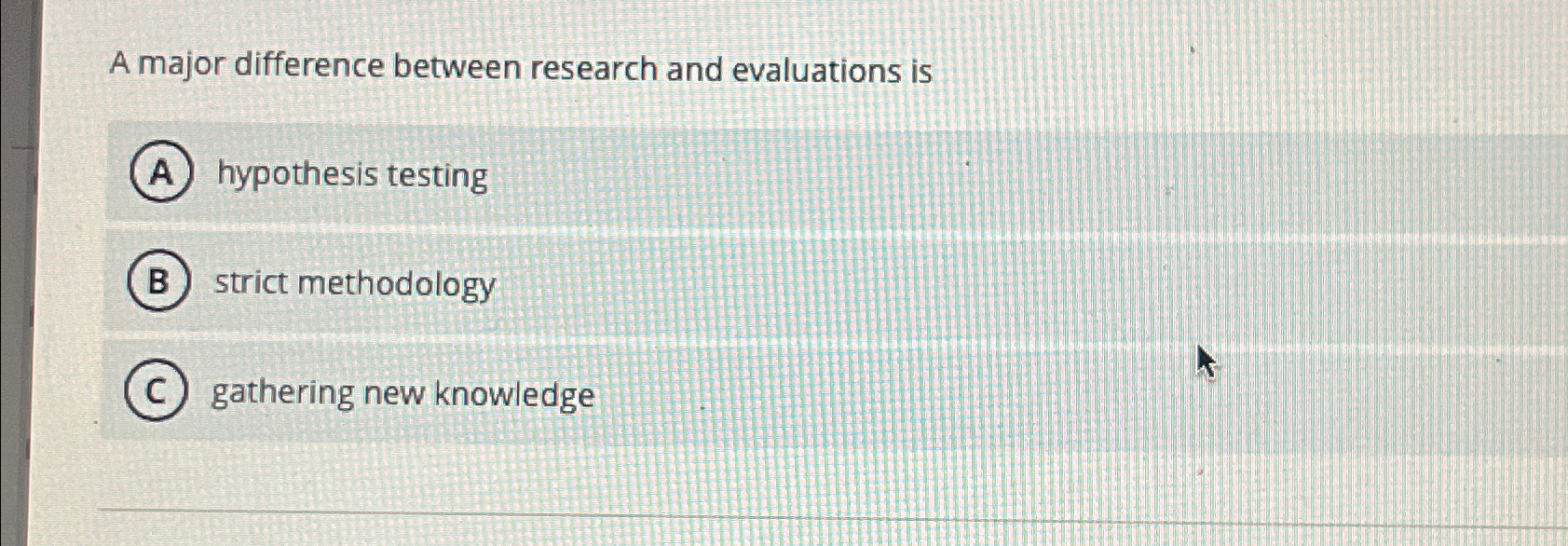  A major difference between research and evaluations is hypothesis testing strict