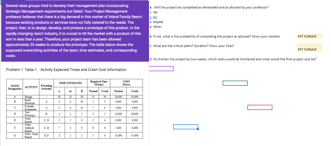 Answer the following project management questions A (1-4), B, C, D and