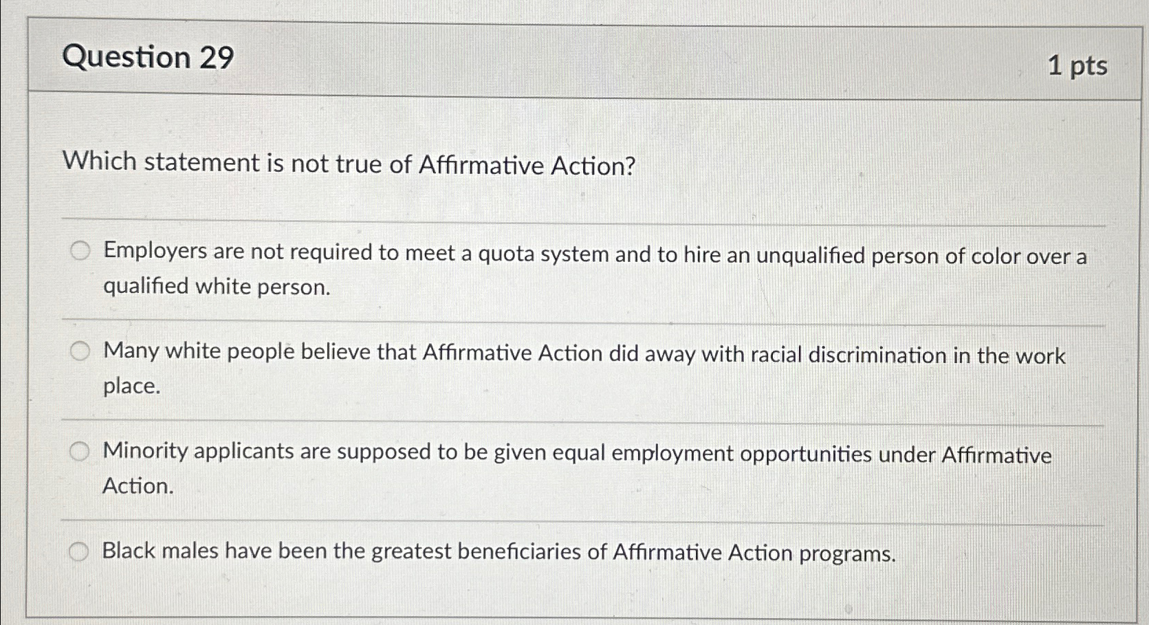  Question 29 1pts Which statement is not true of Affirmative Action?