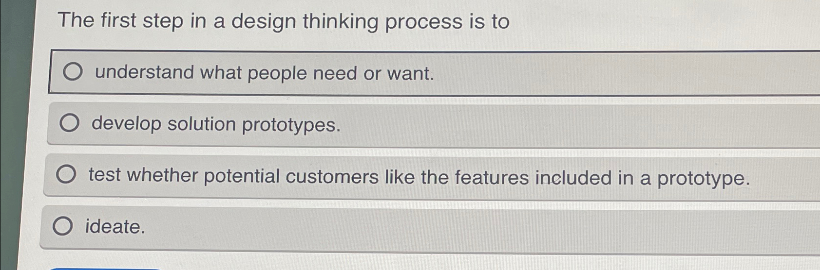  The first step in a design thinking process is to understand