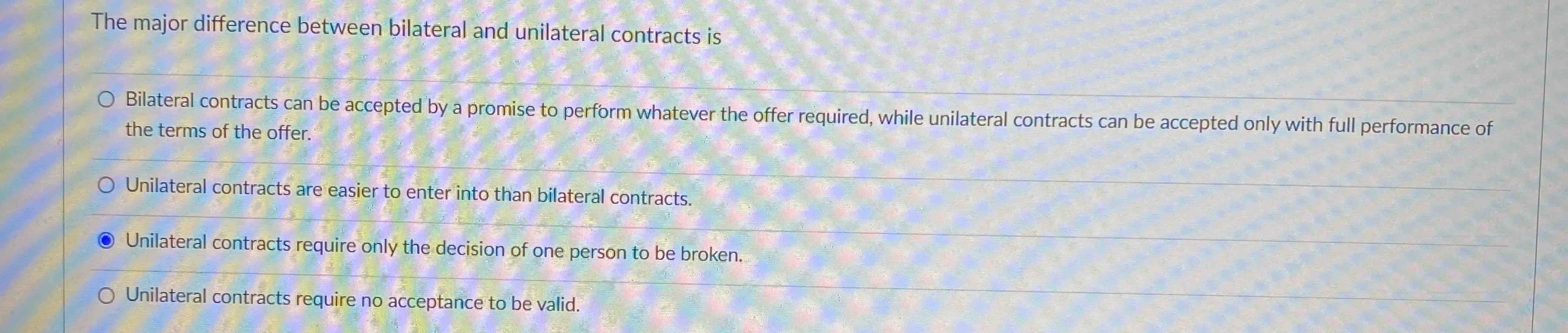  The major difference between bilateral and unilateral contracts is Bilateral contracts