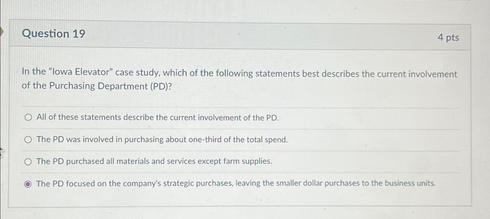  Question 19 4 pts In the "lowa Elevator" case study, which