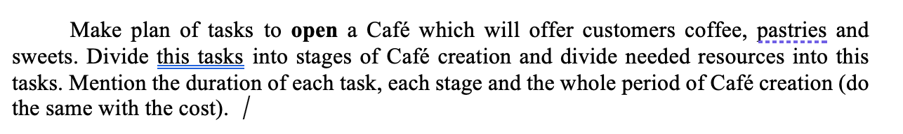  Make plan of tasks to open a Caf which will offer