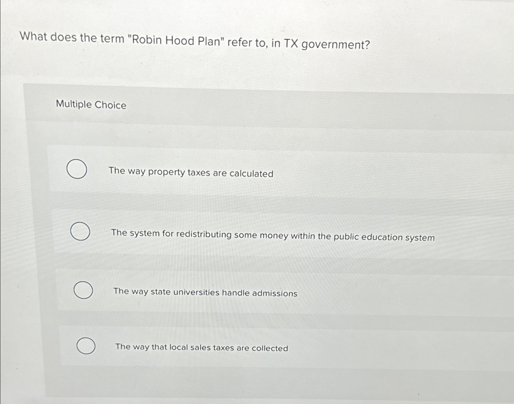  What does the term "Robin Hood Plan" refer to, in TX