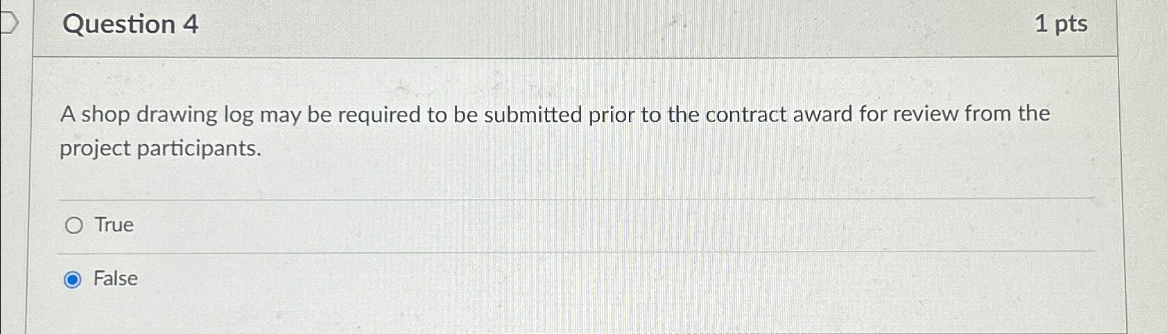  Question 4 1pts A shop drawing log may be required to