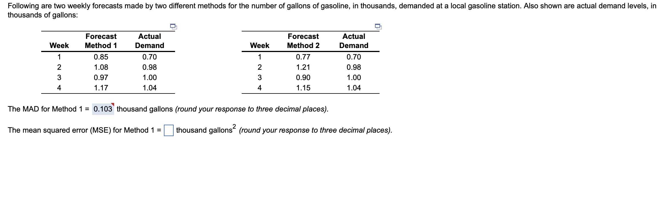 need help with the mean squared error for Method 1, thanks. The