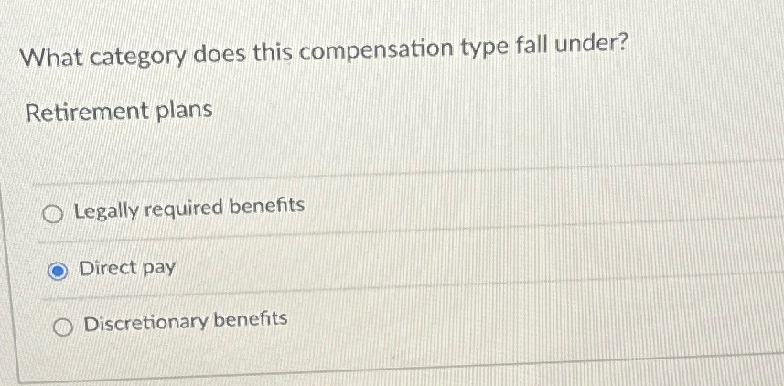  What category does this compensation type fall under? Retirement plans Legally