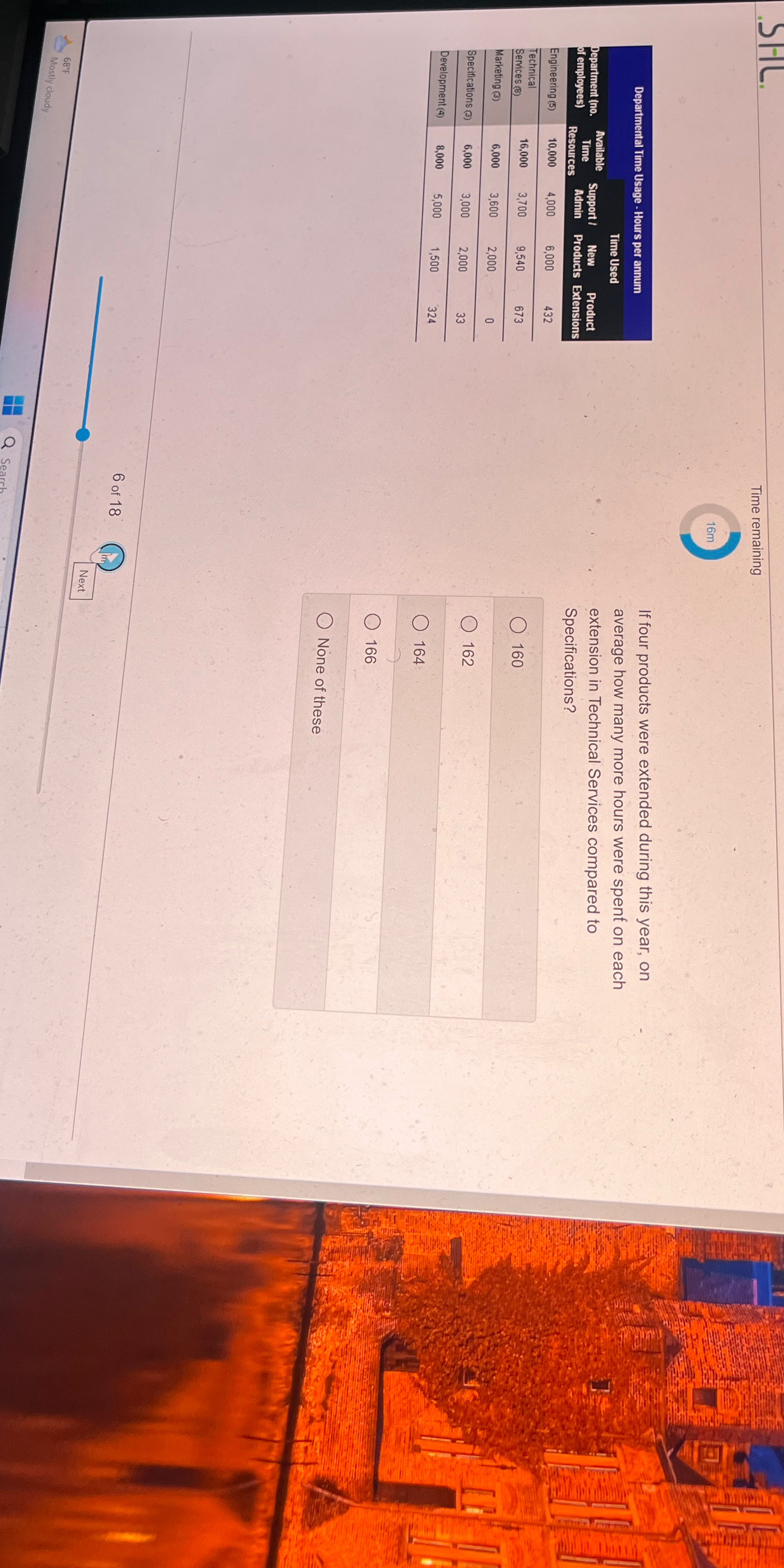  SHL. Time remaining 16m \table[[Departmental Time Usage - Hours per annum],[\table[[Department
