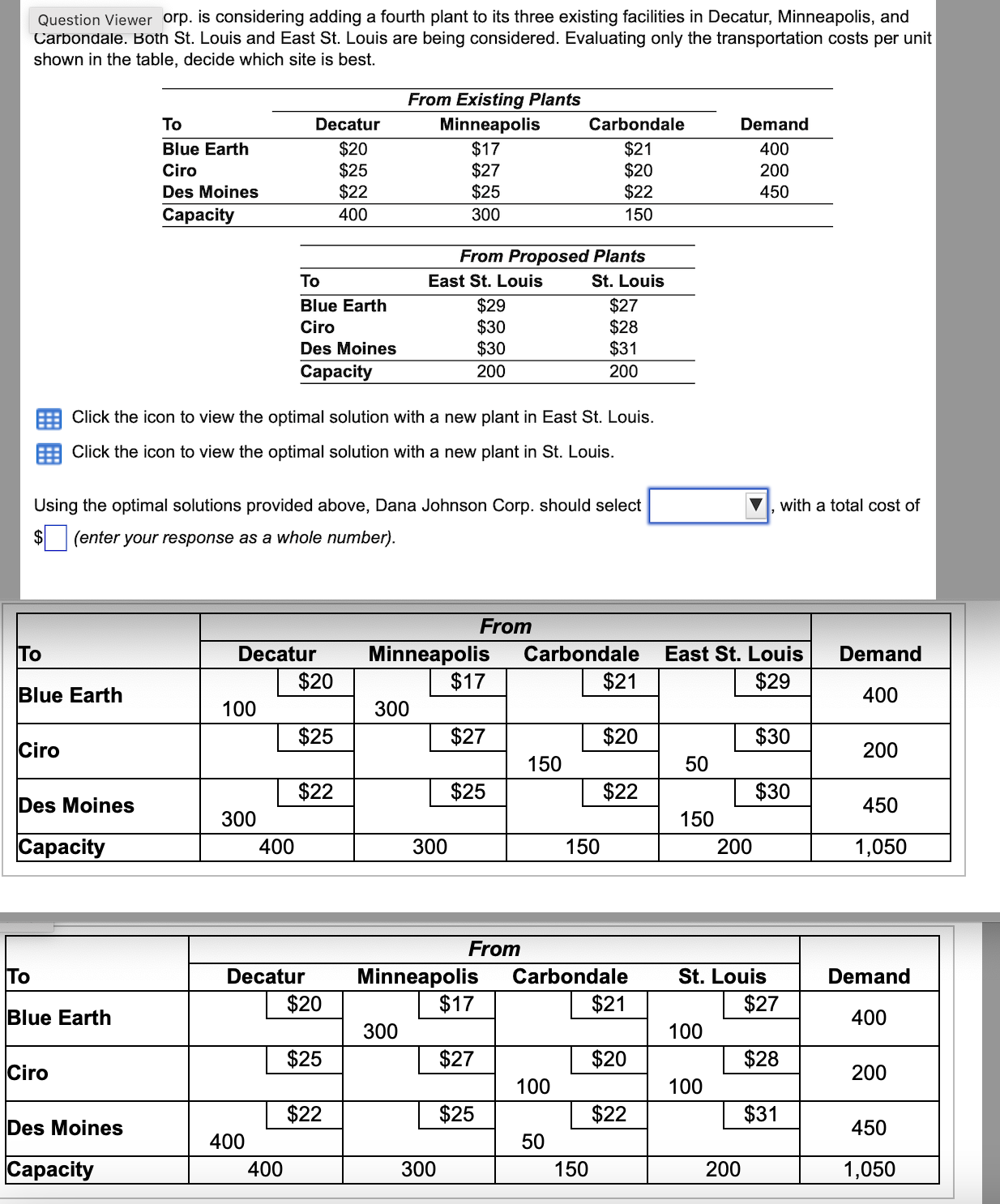  Question Viewer orp. is considering adding a fourth plant to its
