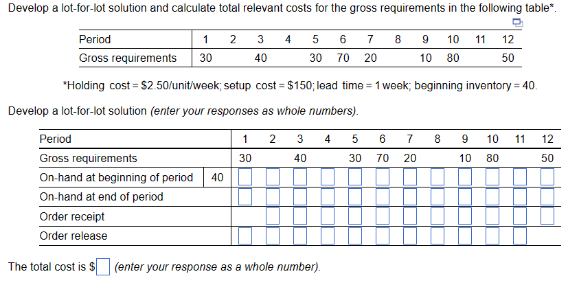  Develop a lot-for-lot solution and calculate total relevant costs for the