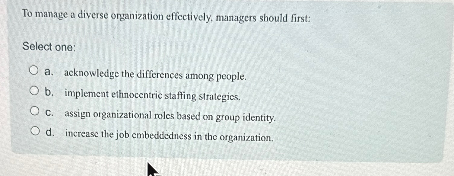  To manage a diverse organization effectively, managers should first: Select one: