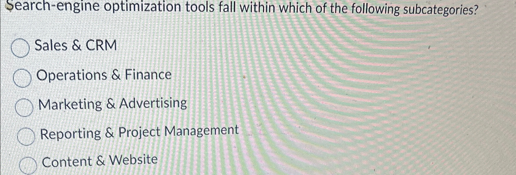  Search-engine optimization tools fall within which of the following subcategories? Sales
