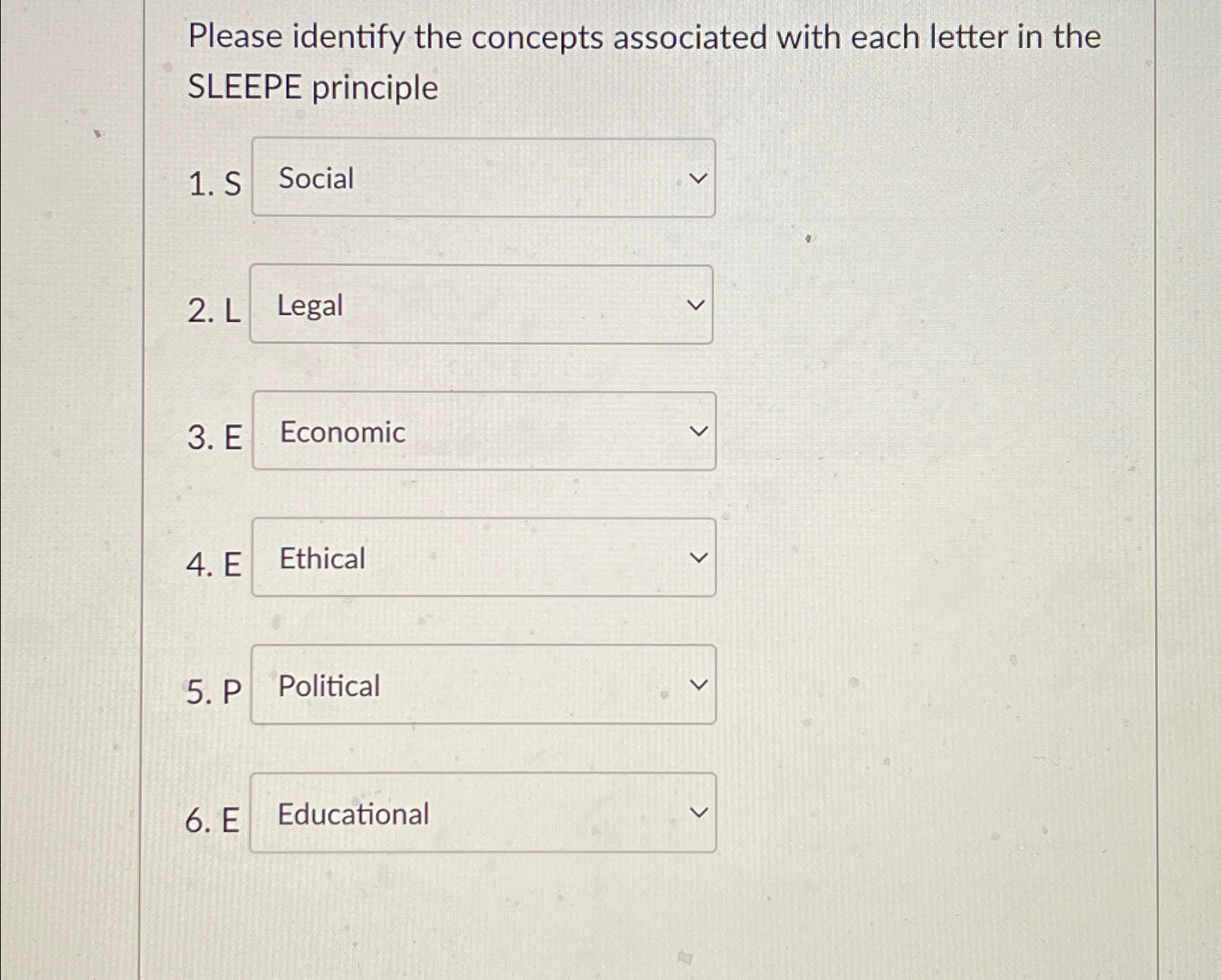  Please identify the concepts associated with each letter in the SLEEPE