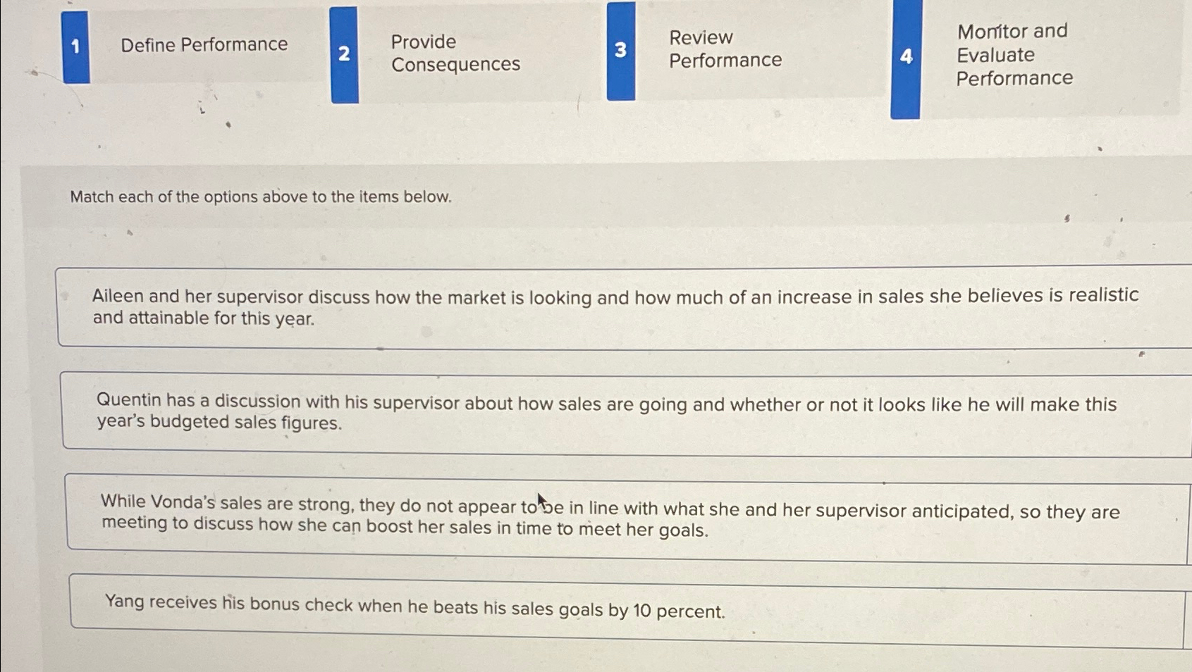  1 Define Performance 2 Provide Review Montor and Consequences 3 Performance