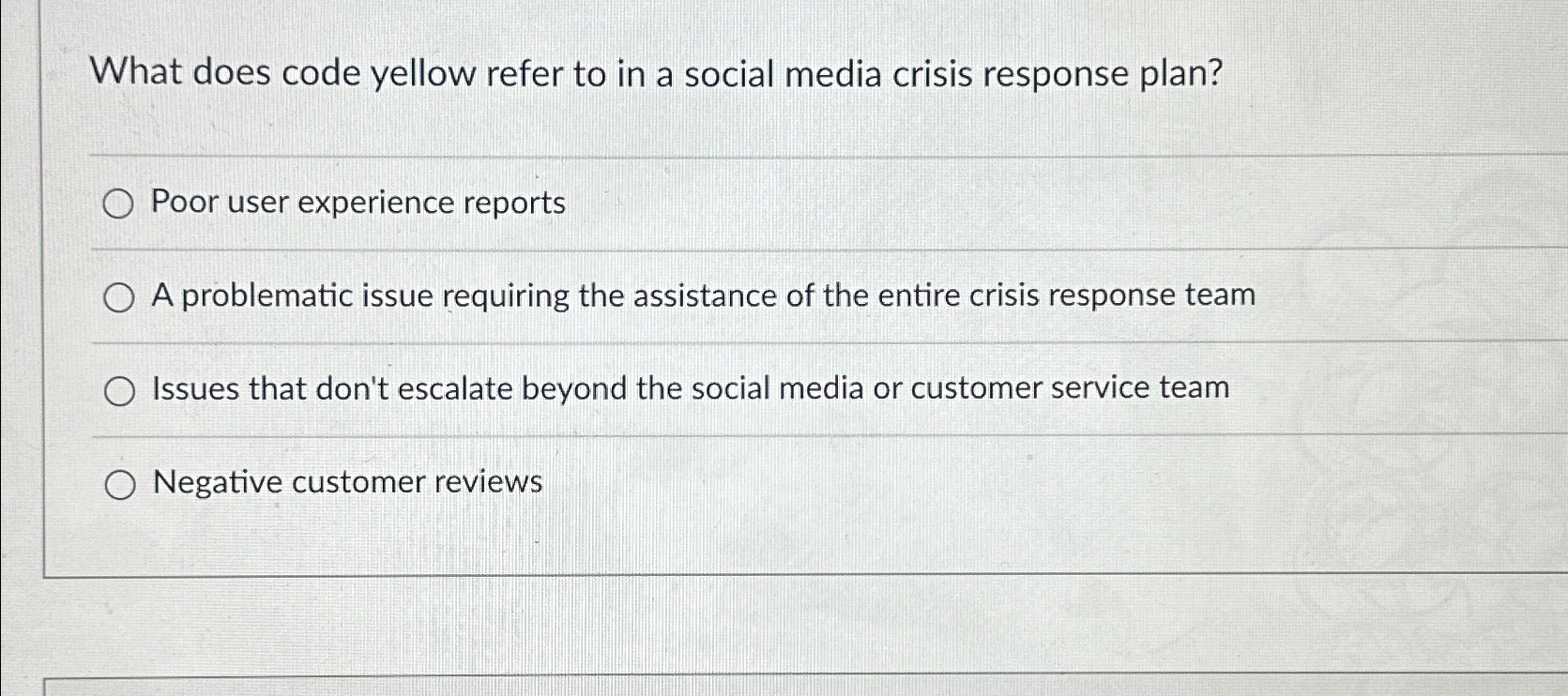  What does code yellow refer to in a social media crisis