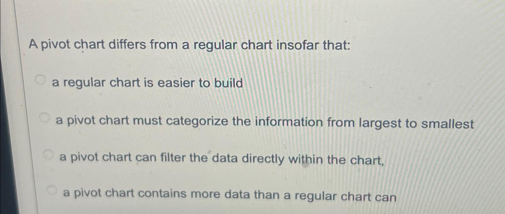  A pivot chart differs from a regular chart insofar that: a