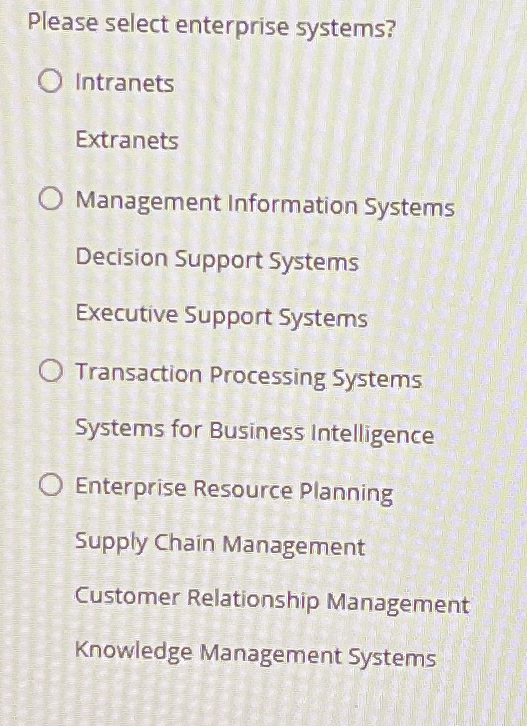  Please select enterprise systems? Intranets Extranets Management Information Systems Decision Support