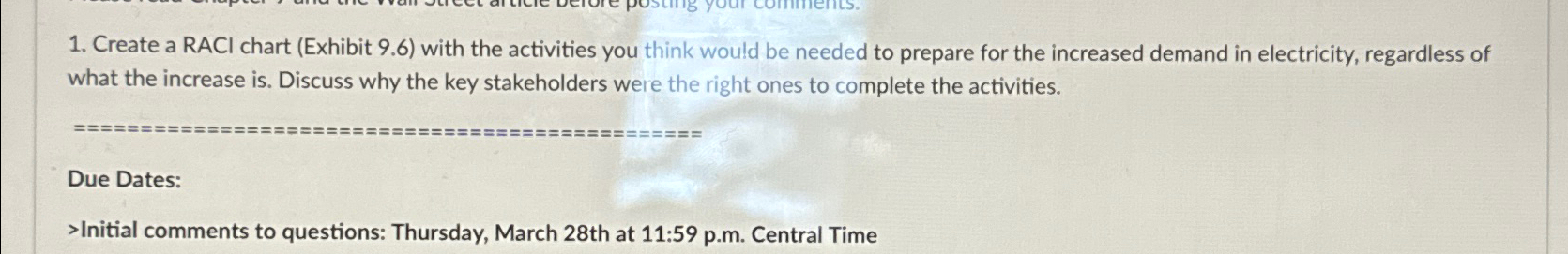  Create a RACI chart (Exhibit 9.6) with the activities you think