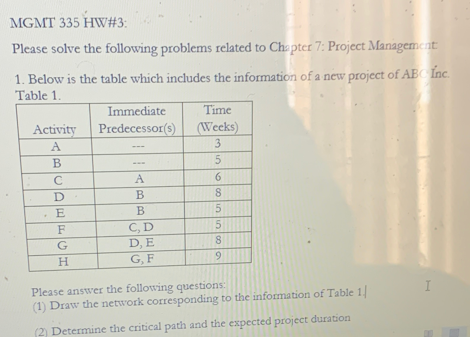  MGMT 335 HW#3: Please solve the following problems related to Chapter