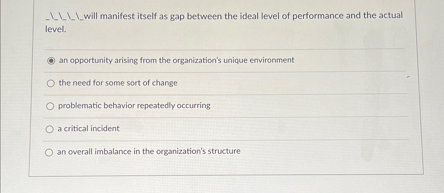  ?___willmanifestitselfasgapbetweentheideallevelofperformanceandtheactuallevel. anopportunityarisingfromtheorganization'suniqueenvironment theneedforsomesortofchange problematicbehaviorrepeatedlyoccurring acriticalincident anoverallimbalanceintheorganization'sstructure 