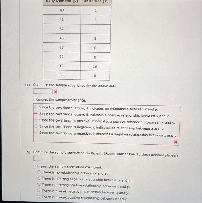 please help (a) Compute the sample covariance for the above data. Interpret