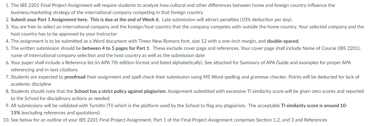  1. The IBS 2201 Final Project Assignment will require students to