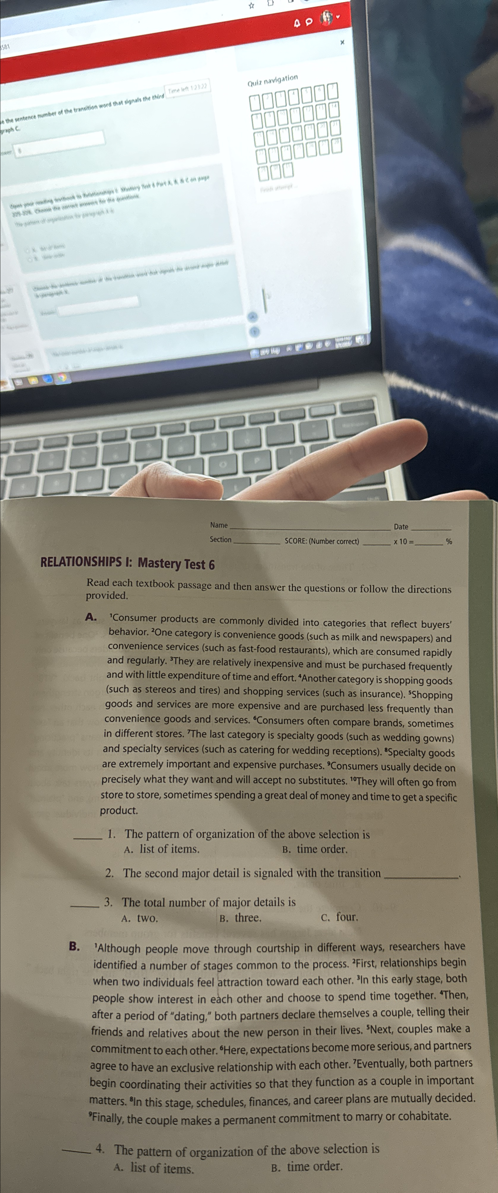  5891 Name Date Section SCORE: (Number correct)10= RELATIONSHIPS I: Mastery Test