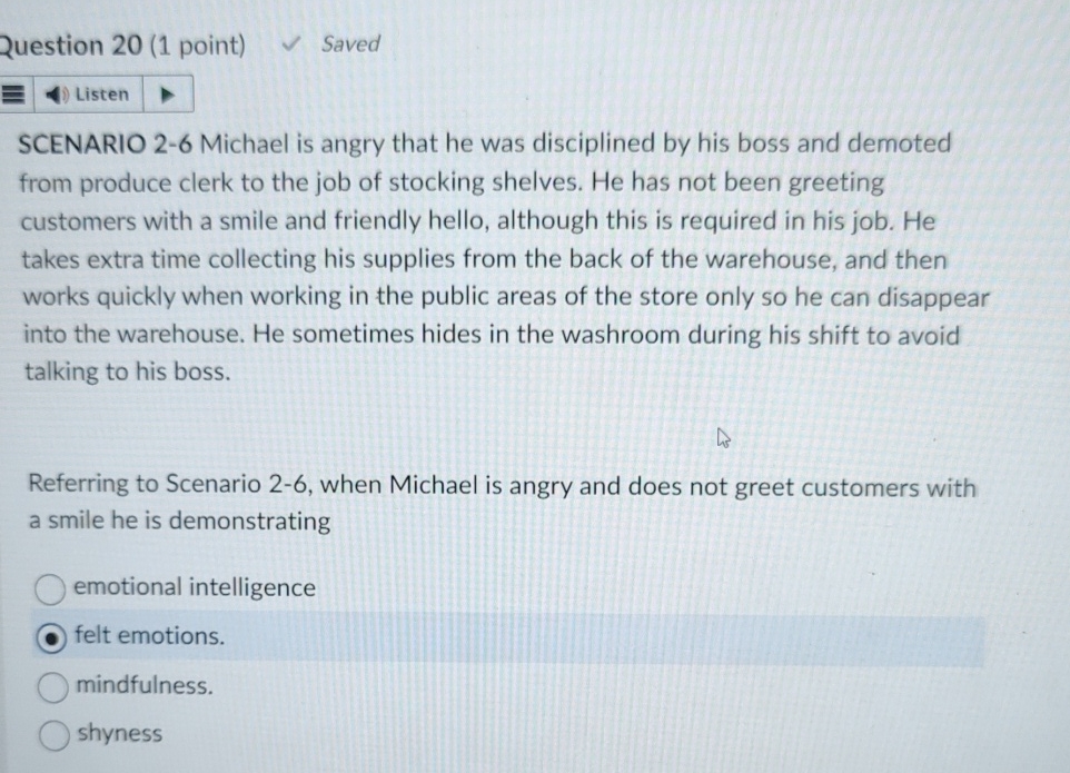  Question 20(1 point) Saved SCENARIO 2-6 Michael is angry that he