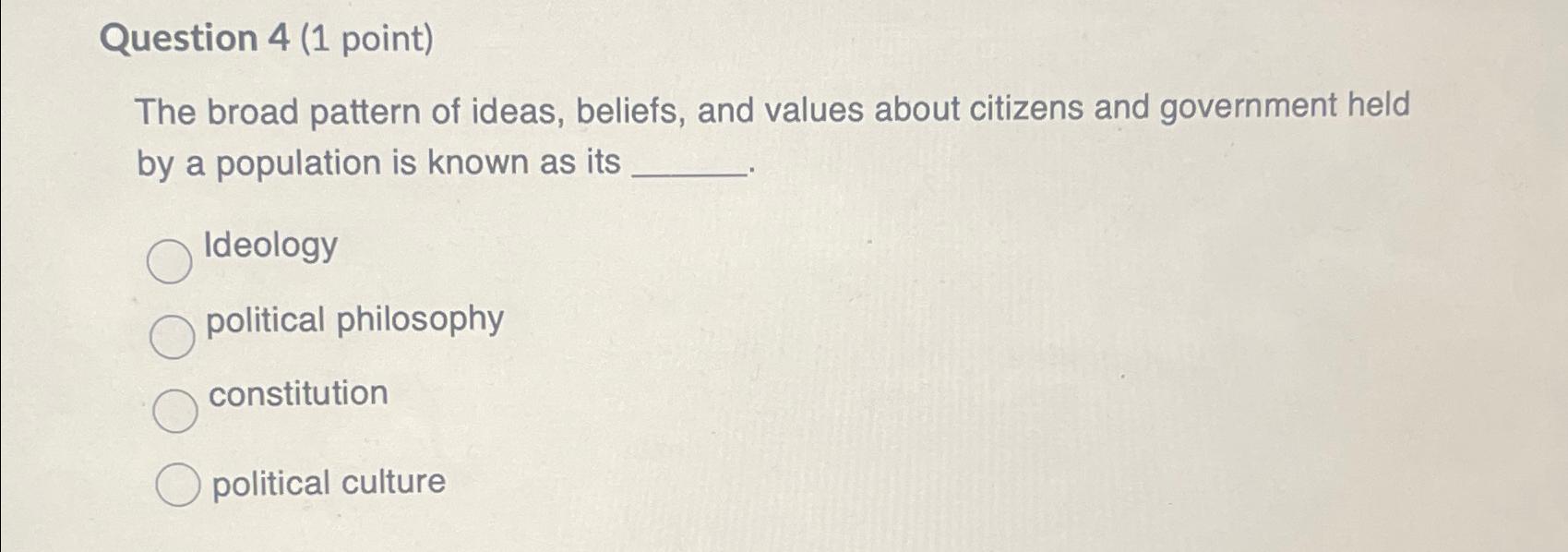  Question 4(1 point) The broad pattern of ideas, beliefs, and values