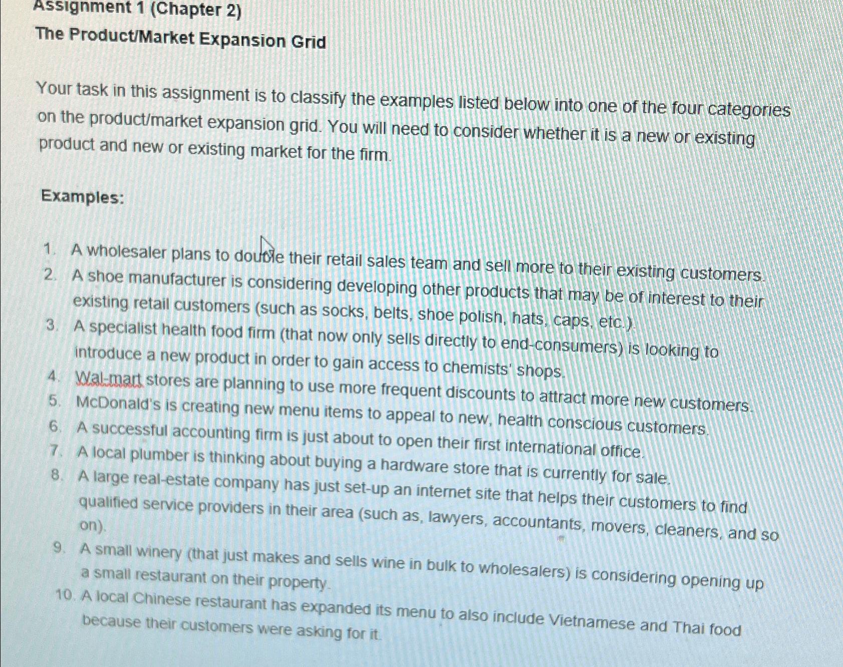  Assignment 1(Chapter 2) The Product/Market Expansion Grid Your task in this
