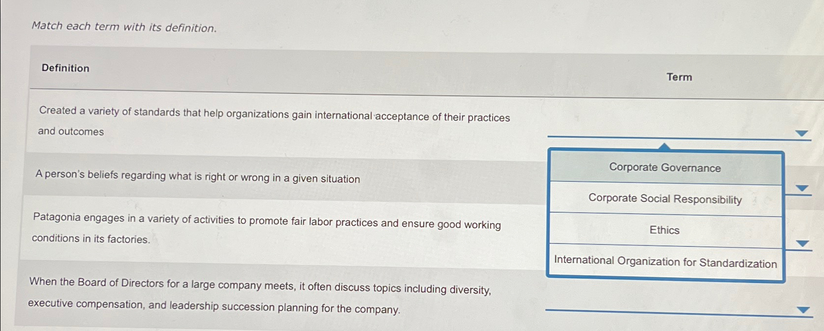  Match each term with its definition. Definition Term Created a variety