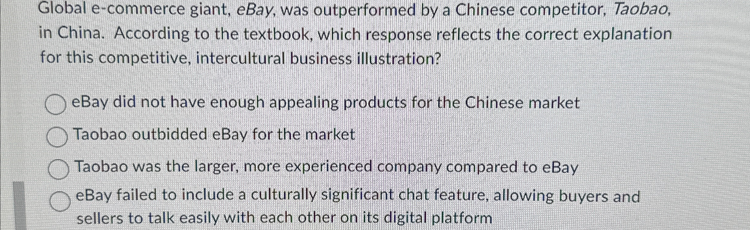  Global e-commerce giant, eBay, was outperformed by a Chinese competitor, Taobao,