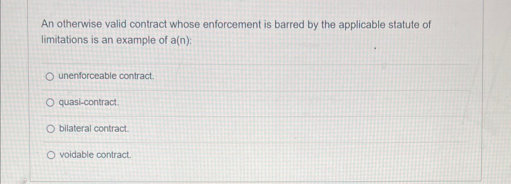  An otherwise valid contract whose enforcement is barred by the applicable