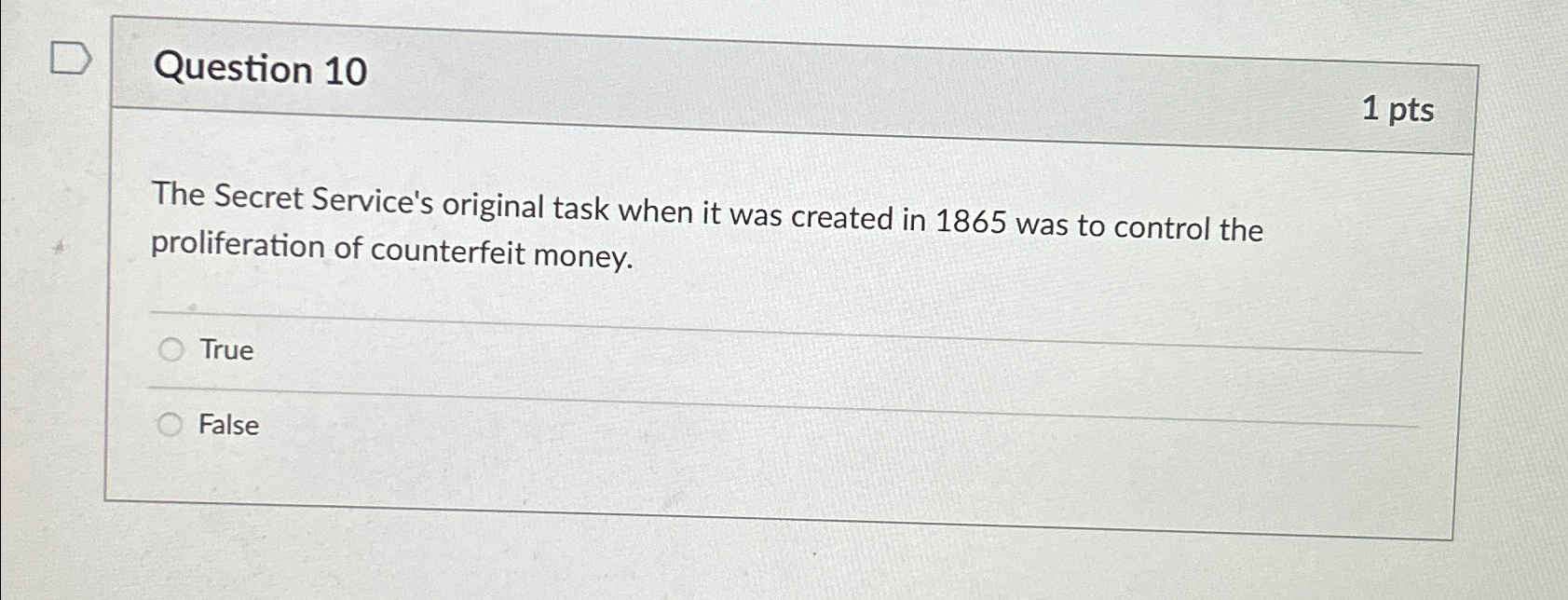  Question 10 1pts The Secret Service's original task when it was