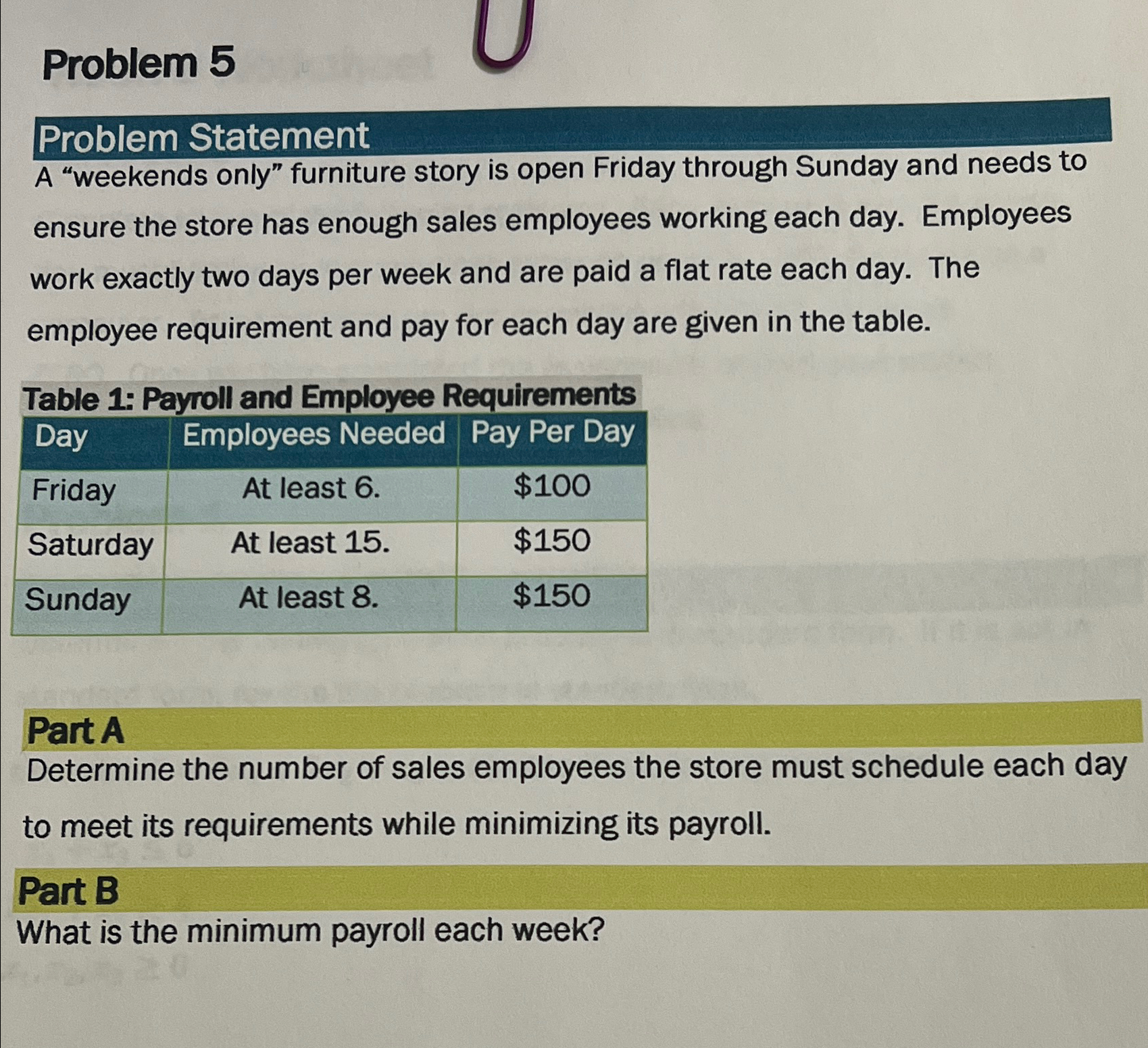 Problem 5 Problem Statement A "weekends only" furniture story is open