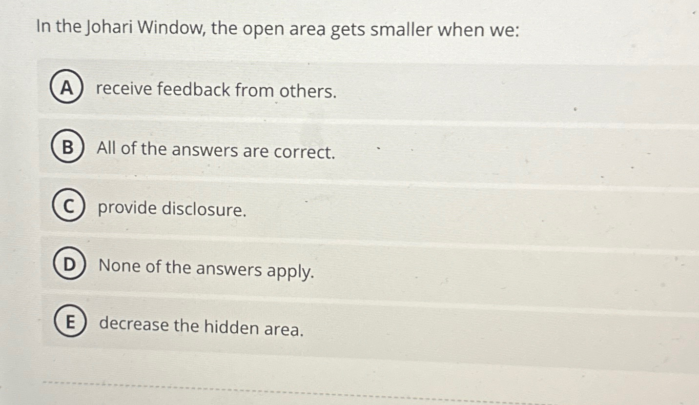  In the Johari Window, the open area gets smaller when we: