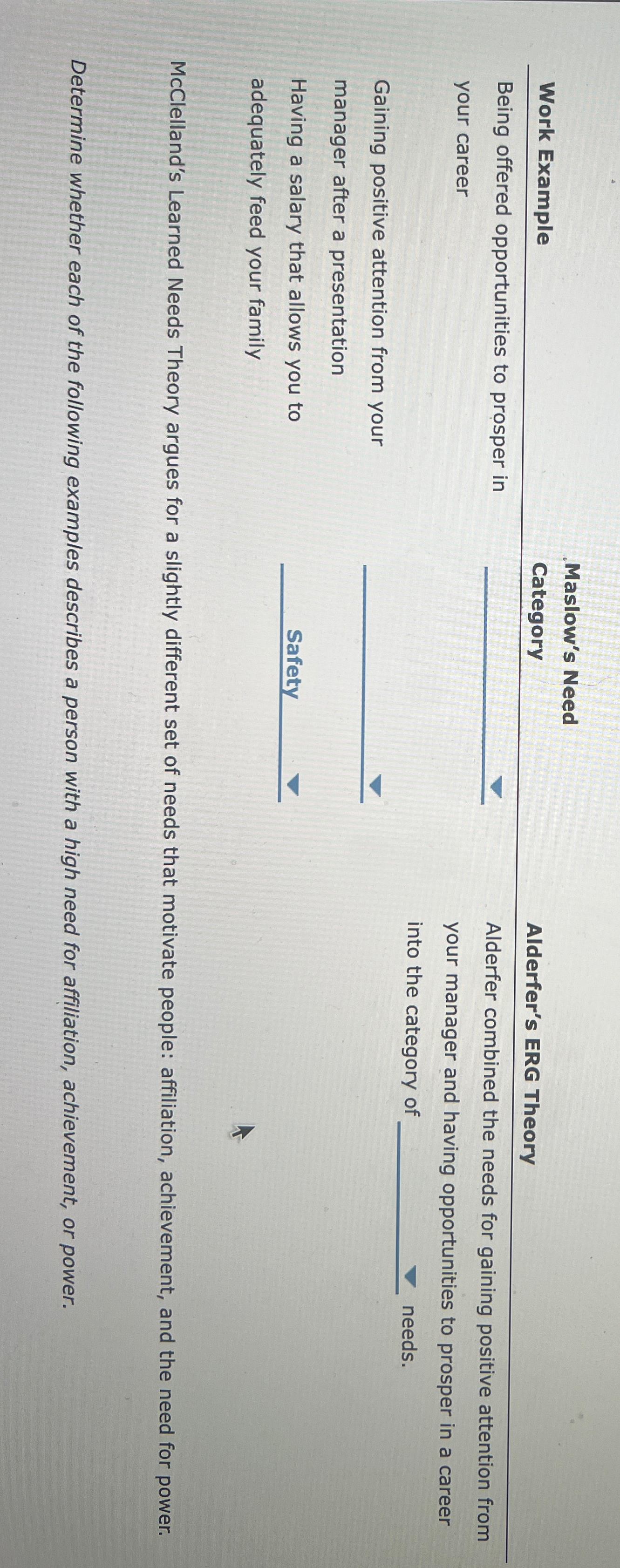  \table[[Work Eyamnlo,Maslow's Need,],[\table[[Being offered opportunities to prosper in],[your career]],grad,\table[[Alderfer's ERG Theory],[Alderfer