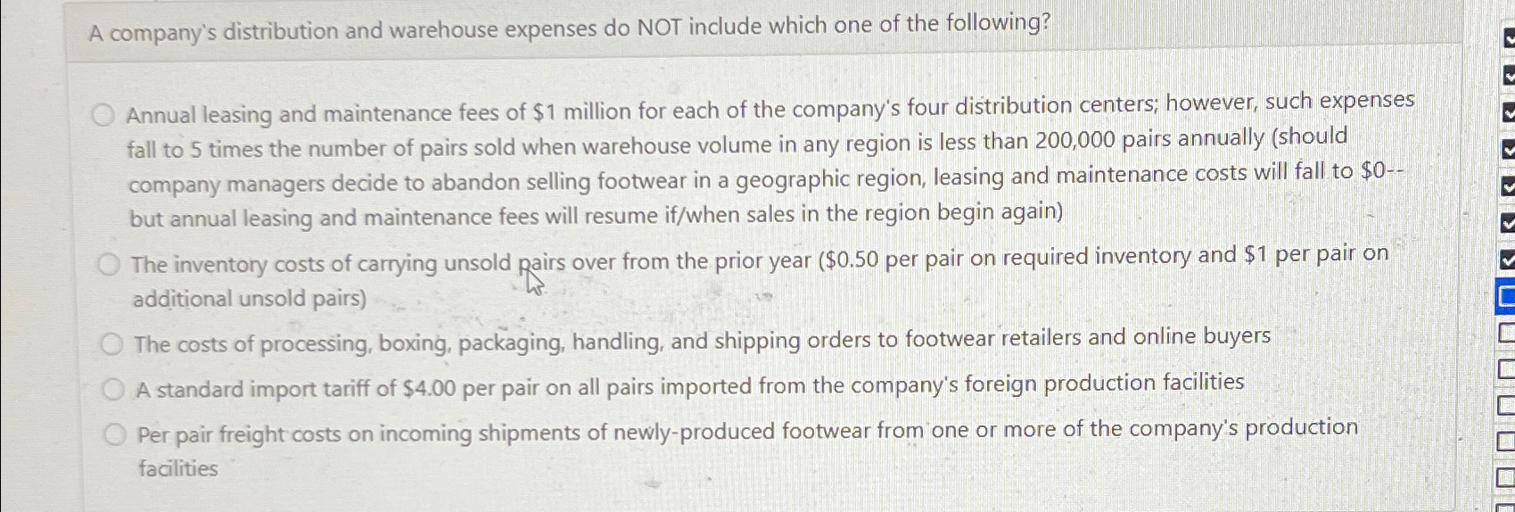  A company's distribution and warehouse expenses do NOT include which one