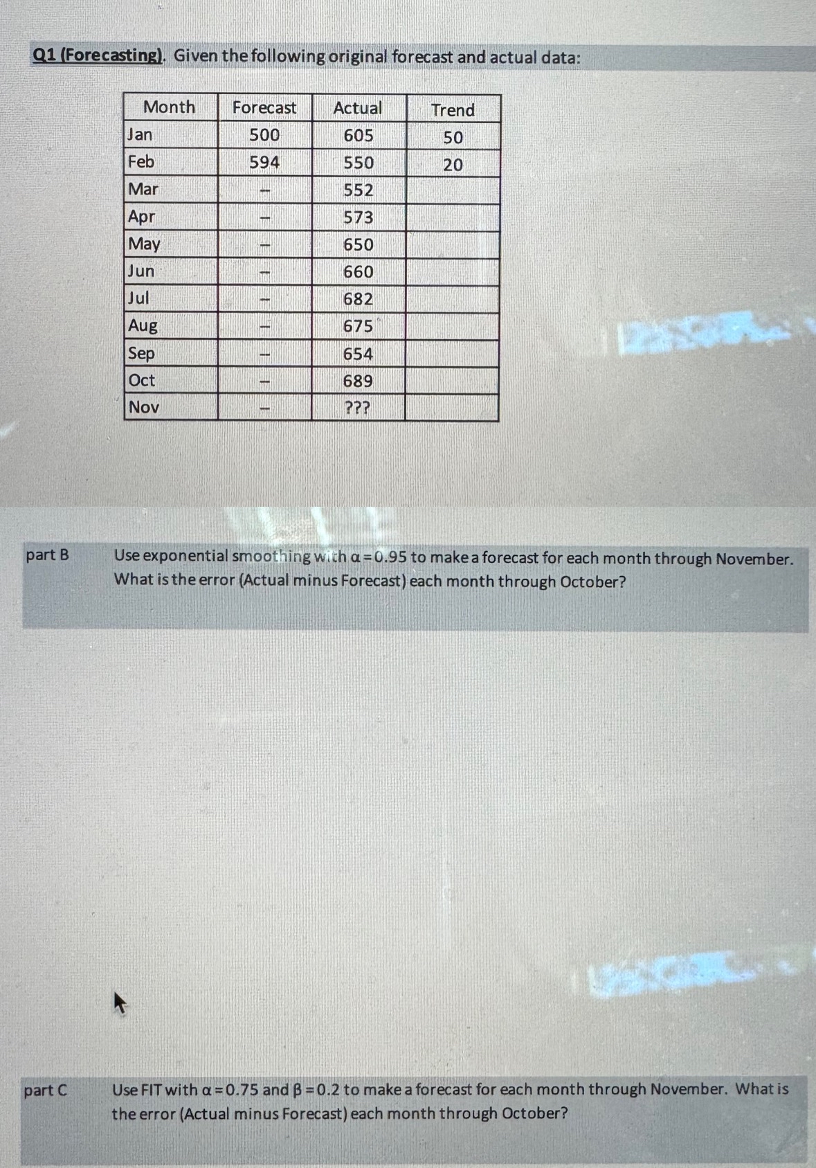  Q1(Forecasting). Given the following original forecast and actual data: \table[[Month,Forecast,Actual,Trend],[Jan,500,605,50],[Feb,594,550,20],[Mar,-,552,],[Apr,-,573,],[May,-,650,],[Jun,-,660,],[Jul,-,682,],[Aug,-,675,],[Sep,-,654,],[Oct,-,689,],[Nov,-,???,]] part